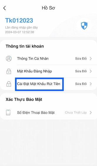 Cài Đặt Mật Khẩu Rút Tiền